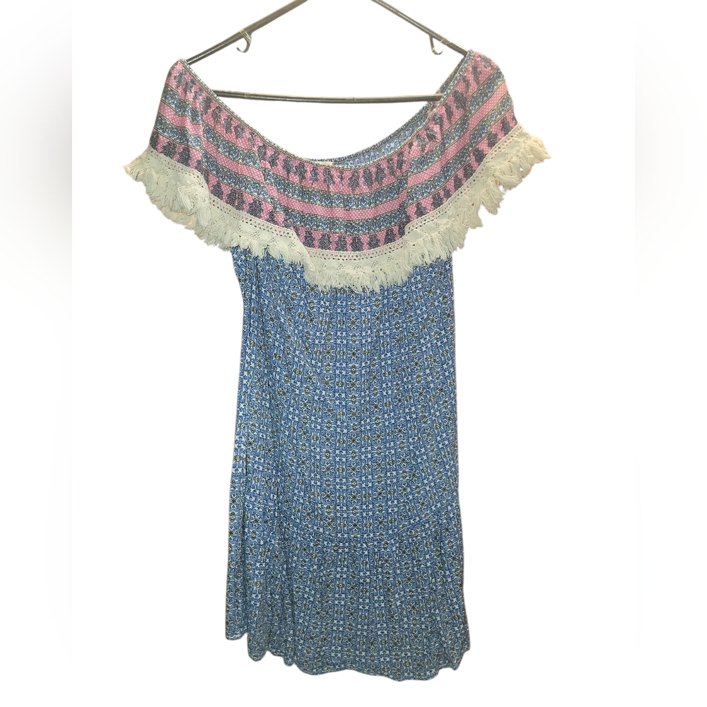 Umgee Blue and Pink Boho Off-Shoulder Dress with Fringe SZ M